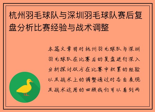 杭州羽毛球队与深圳羽毛球队赛后复盘分析比赛经验与战术调整